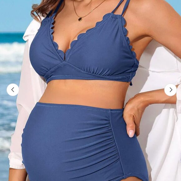 Charmo Scallop Trim Maternity High Waisted Bikini Set size L in Blue - Picture 3 of 5